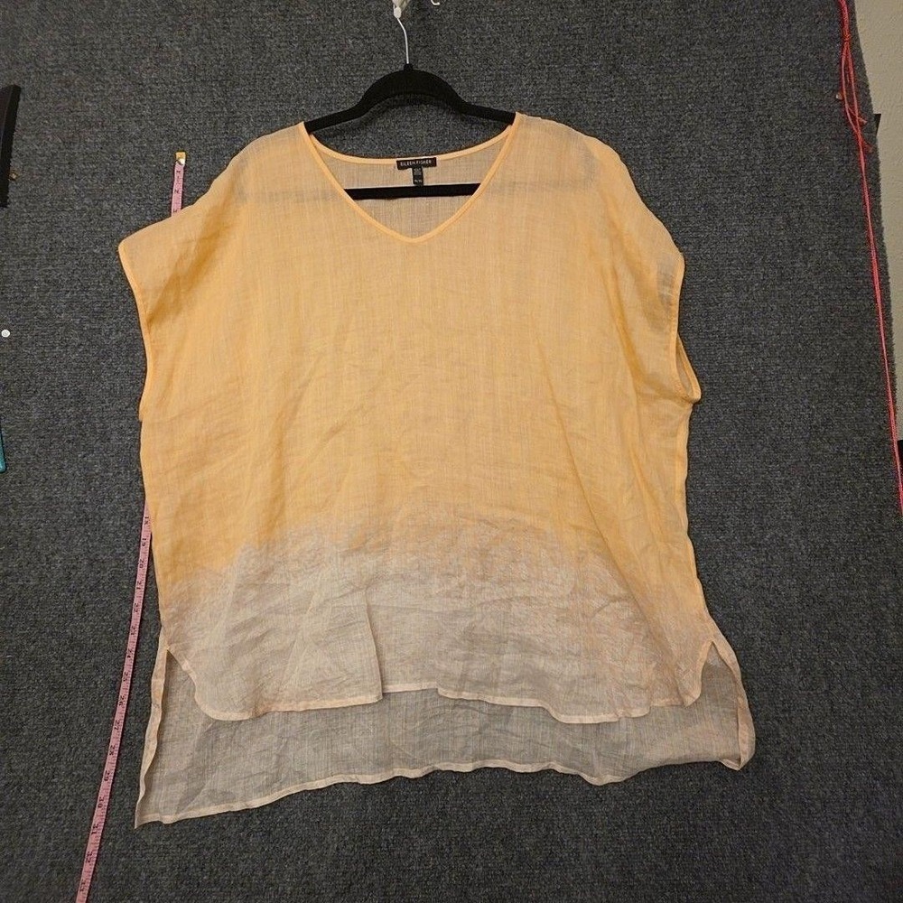 Eileen Fisher Blouse Womens XL Orange Ramie V Neck Sheer Tunic Top Floral